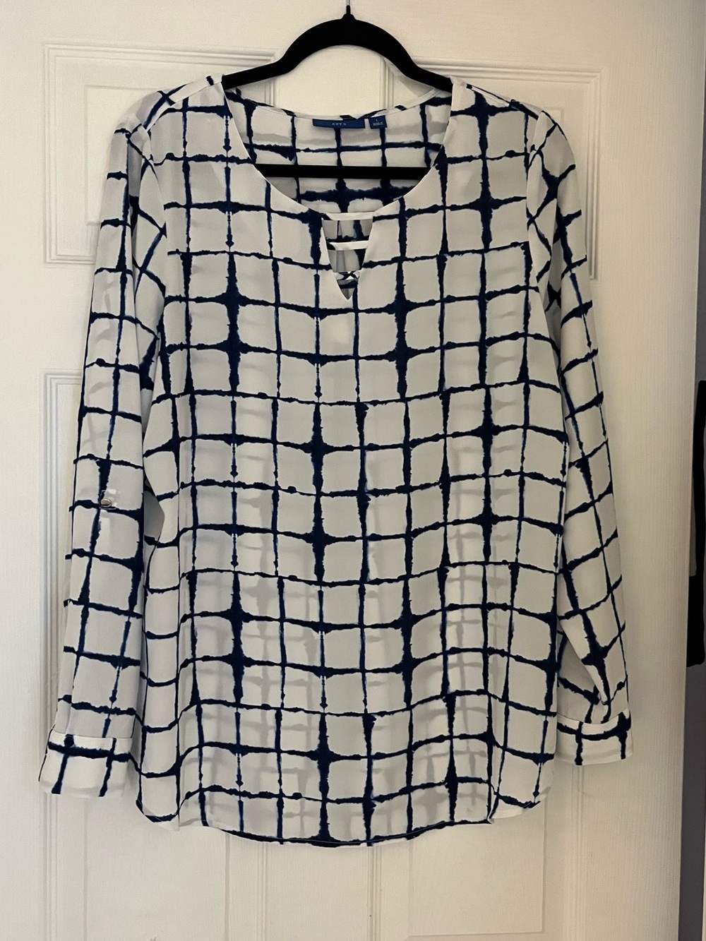 Apt. 9 White Blouse with Navy Grid and Ladder Neck
